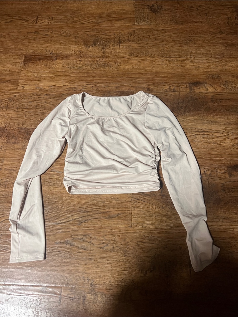 SHEIN Light Beige Long Sleeve Scoop-Neck Cropped Top